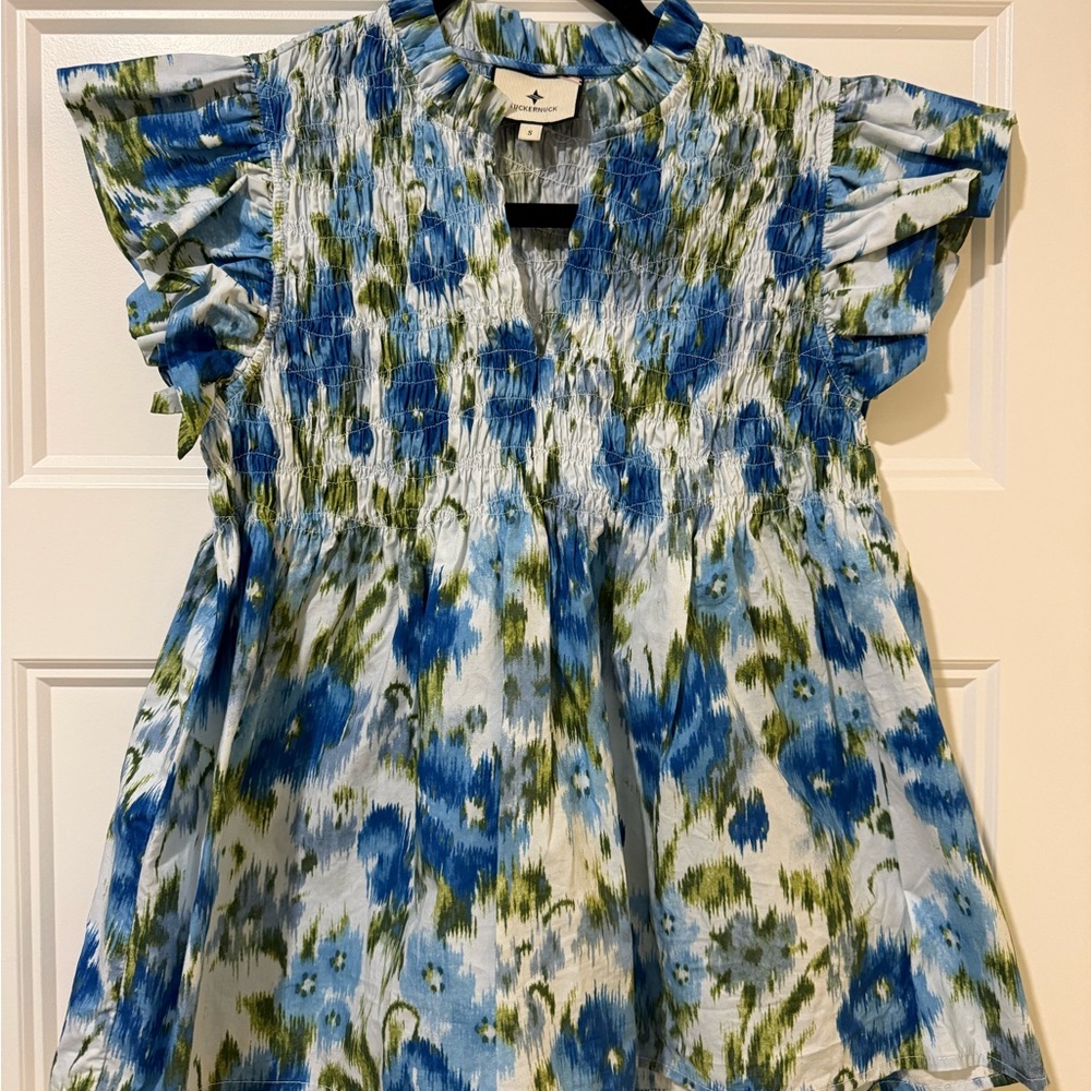 Tuckernuck Blue and Green Textured Blouse